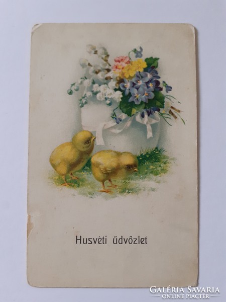 Régi húsvéti képeslap 1930 levelezőlap csibe tojás ibolya gyöngyvirág