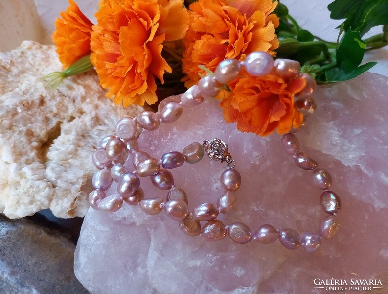 Real room. Purple beige freshwater pearl necklace with rose clasp