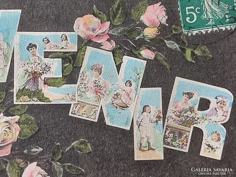 Régi képeslap fotó montázs levelezőlap hölgy gyerekek rózsa