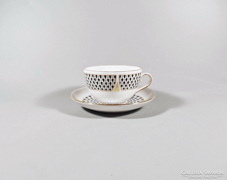 Herend, black vh (vhnkn) pattern teacup and saucer, hand-painted porcelain, flawless! (I222)