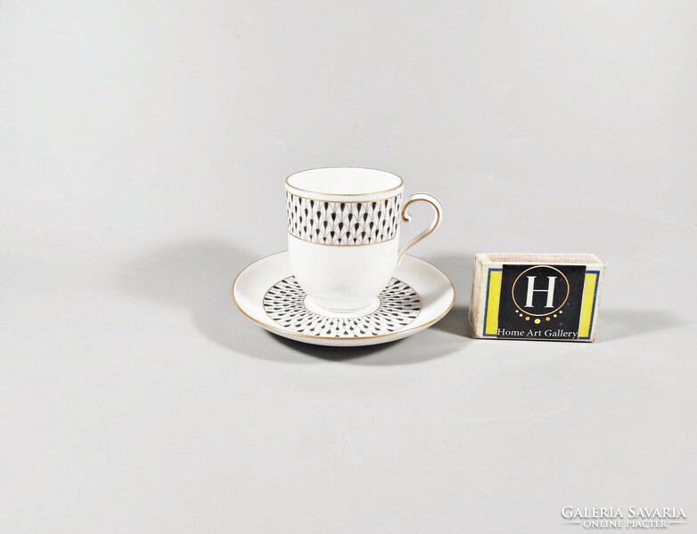 Herend, black vh (vhnkn) pattern coffee cup and saucer, hand-painted porcelain, flawless! (I223)