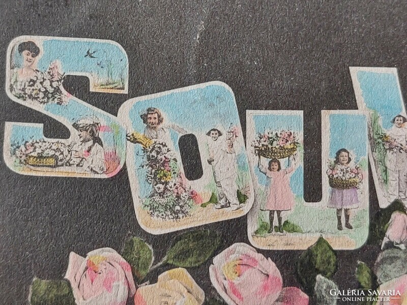 Régi képeslap fotó montázs levelezőlap hölgy gyerekek rózsa