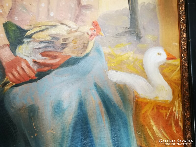 Antik olaj vászon festmény népi Életkép Falusi vásár kakas és liba