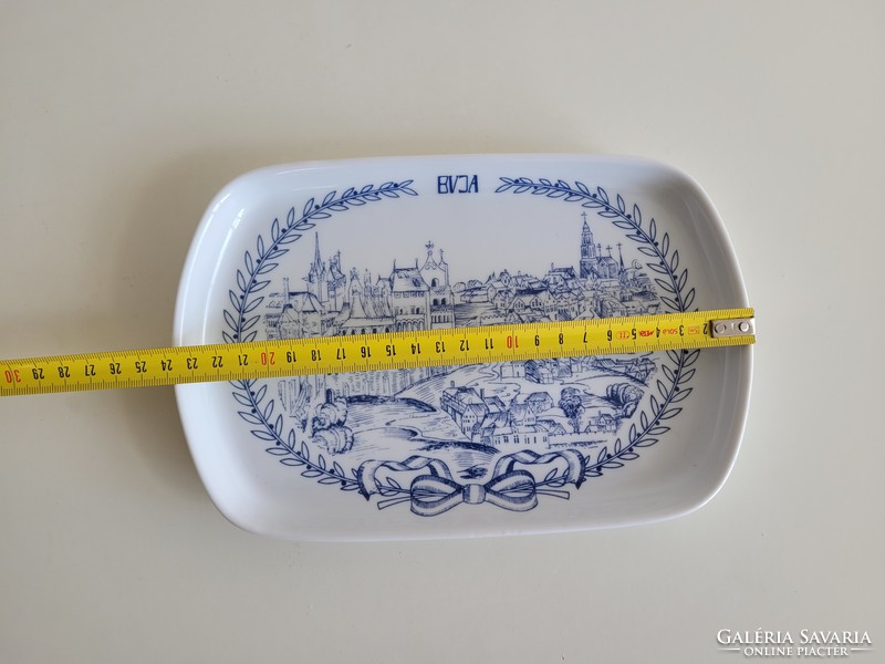 Retro old lowland porcelain bowl with tray with Buda inscription and medieval Buda view