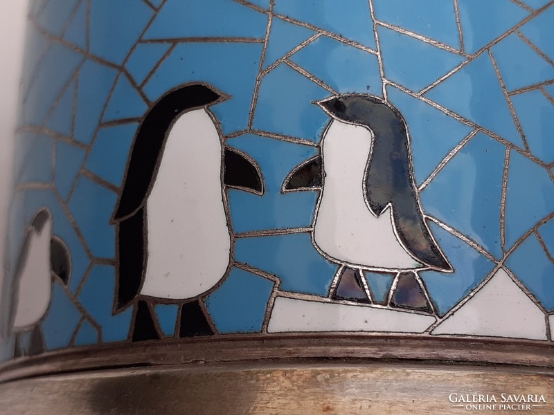 Retro fire enamel cup holder with penguins old russian design alpaca tea accessory 4 pcs