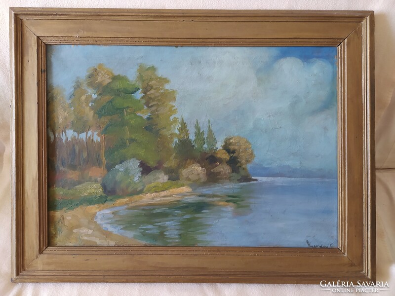 Vasvári: river bank signed oil on canvas painting in original frame 83 x 62 cm