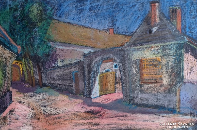 Pastel street scene on black paper (full size 63x42 cm, the work itself 48x32 cm)