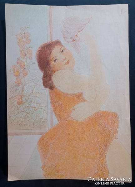 Girl with a pigeon - marked colored pencil drawing (30x21 cm)