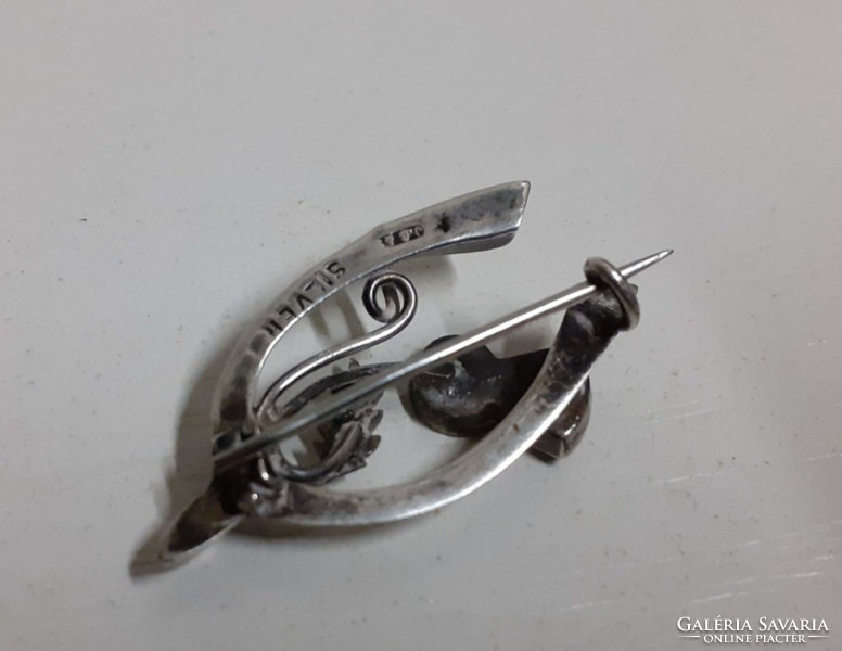 Fire enamel brooch made with silver goldsmith's work, marked in old, beautiful condition