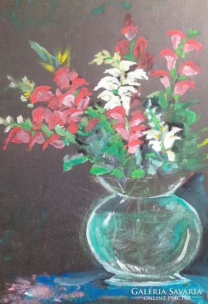 Flower still life - with brandy mark, tempera and pastel on black paper (42x29 cm)