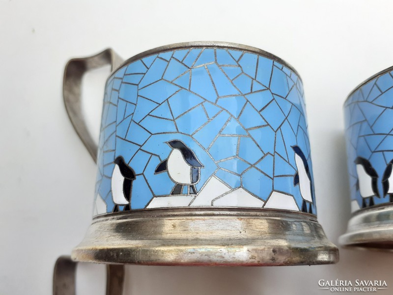 Retro fire enamel cup holder with penguins old russian design alpaca tea accessory 4 pcs