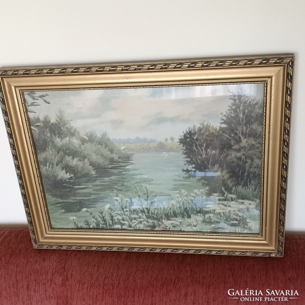 Cultsár B: stream bank - antique watercolor in frame