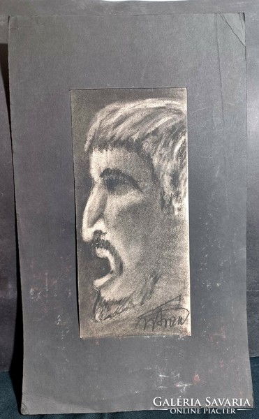 Portrait of a roaring man - signed charcoal drawing (full size 43x26 cm)