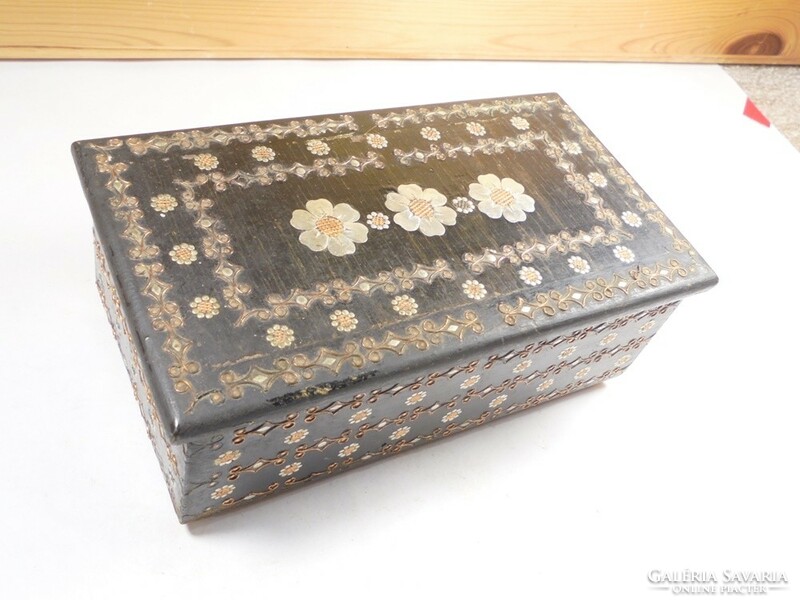 Antique old unique wooden box chest flower pattern metal inlay jewelry box Albanian Albania