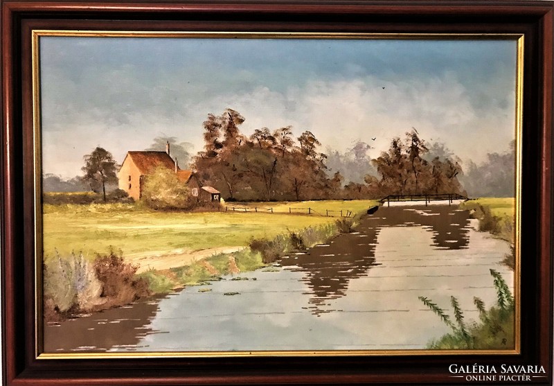 Ház a folyó mellett, XX.század második fele, olaj-vászon, számomra ismeretlen festő munkája.