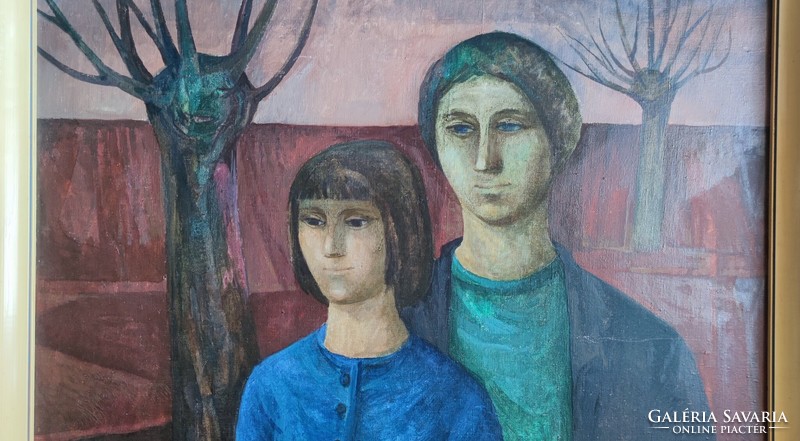 Miklós Somos: woman and daughter 60 x 80 cm painting, oil on canvas, original old gallery frame