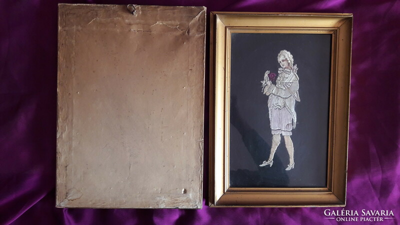 Antique baroque lady and gentleman picture pair, silk picture (l3487)