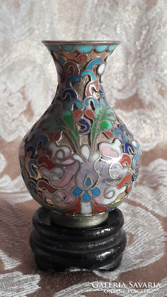 Rekeszzománc réz váza, régi miniatűr cloisonné (L3488)