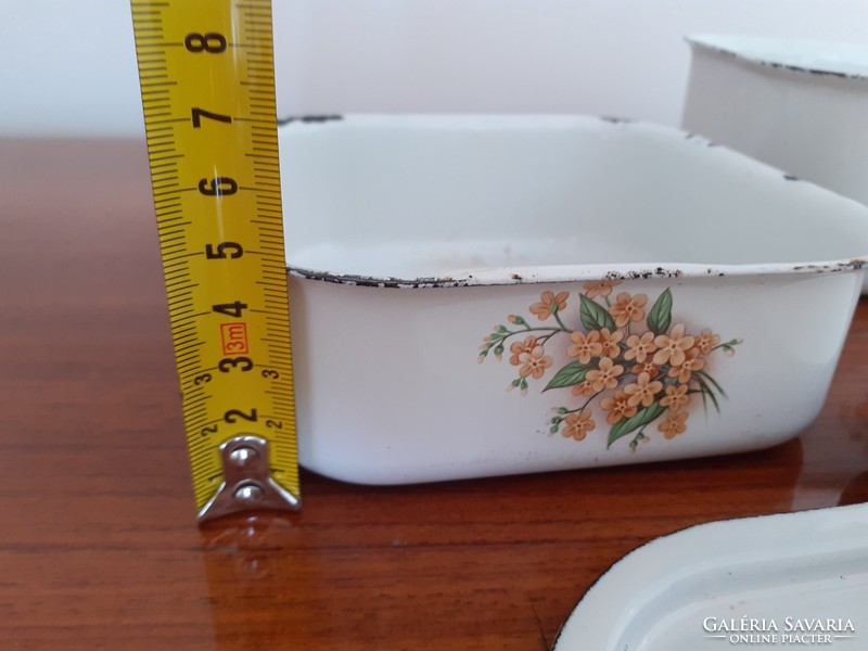 Old enamel dish with floral enameled retro lid food storage for 3 food