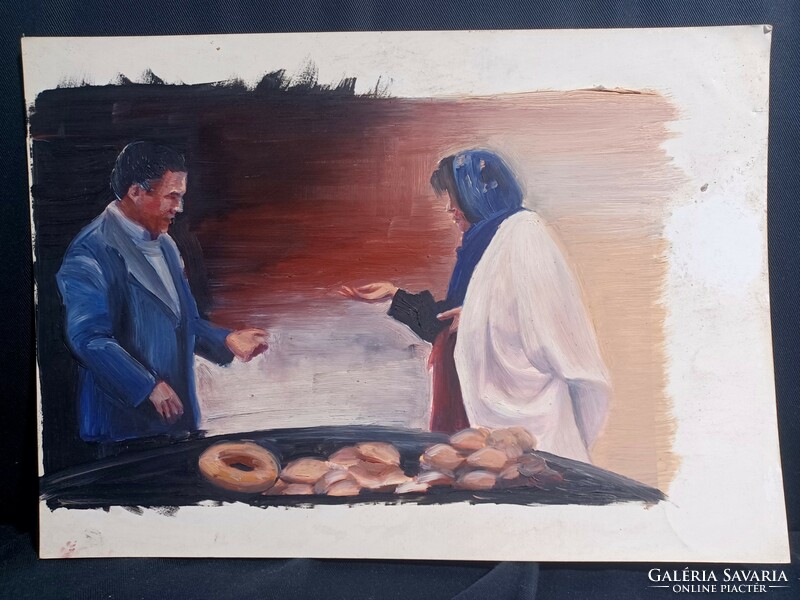 A péknél - miniatűr olajfestmény, jelenet (30x21 cm)