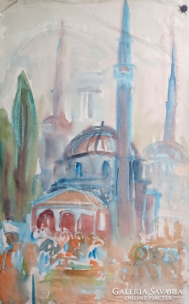 Akvarell utcakép (49x31 cm) Törökország, Hagia Sophia?