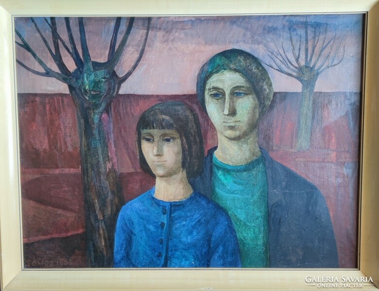 Miklós Somos: woman and daughter 60 x 80 cm painting, oil on canvas, original old gallery frame