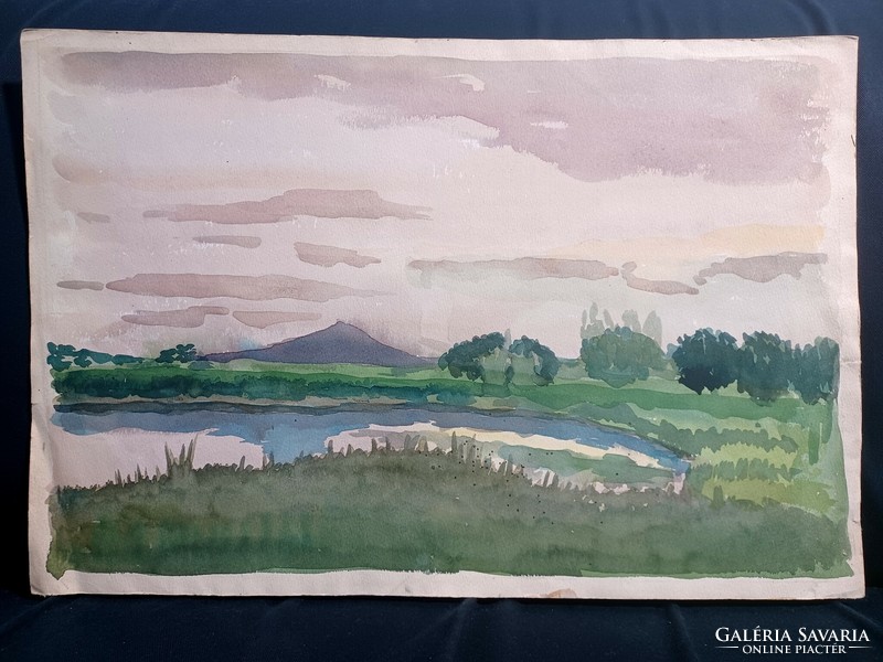 Landscape with a lake - watercolor (44x29 cm)