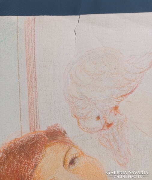 Lány galambbal - jelzett színesceruza rajz (30x21 cm)