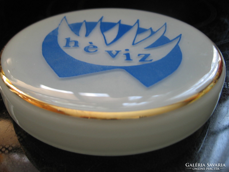 Retro souvenir milk glass jar, gold-plated, with heat water inscription, petri dish laboratory shape