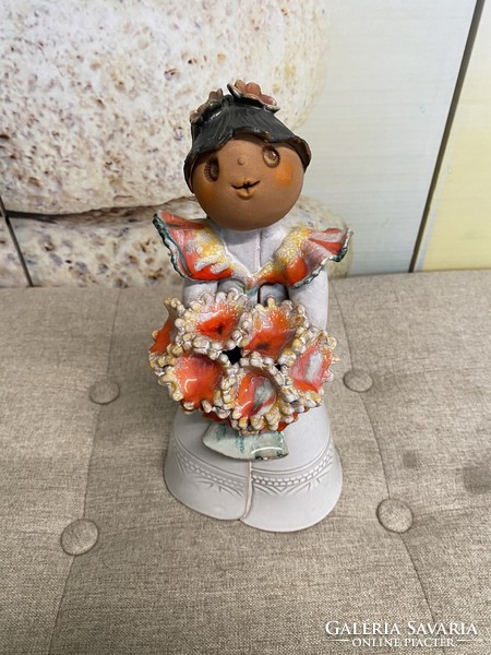 Éva Kocsis painted ceramic girl figure with a bouquet of flowers a39