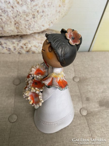 Éva Kocsis painted ceramic girl figure with a bouquet of flowers a39