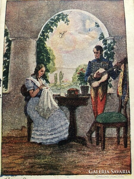 Antique romantic postcard - painting by András Biczó - on the porch -5.