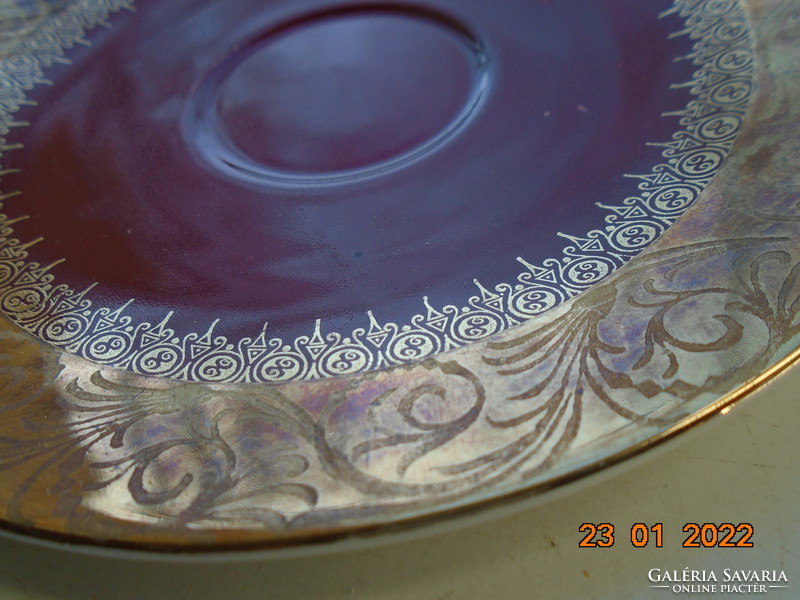 Golden brocade on burgundy hand painted plate