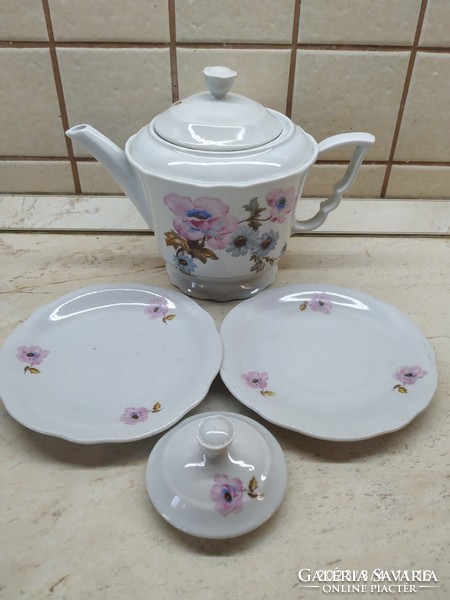 Zsolnay porcelain coffee set for sale! Pitcher with peach blossom, 2 small plates for sale!
