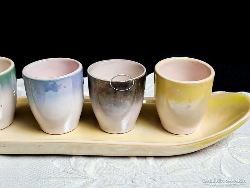 Retro ceramic drinking set: 6 colored glasses on a tray