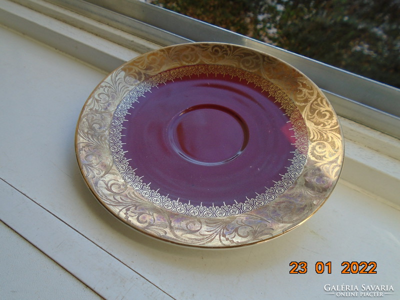 Golden brocade on burgundy hand painted plate