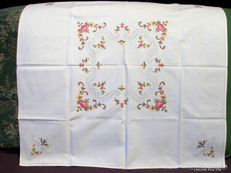 Nice old, azure, cross-stitch tablecloth 82 x 80 cm.