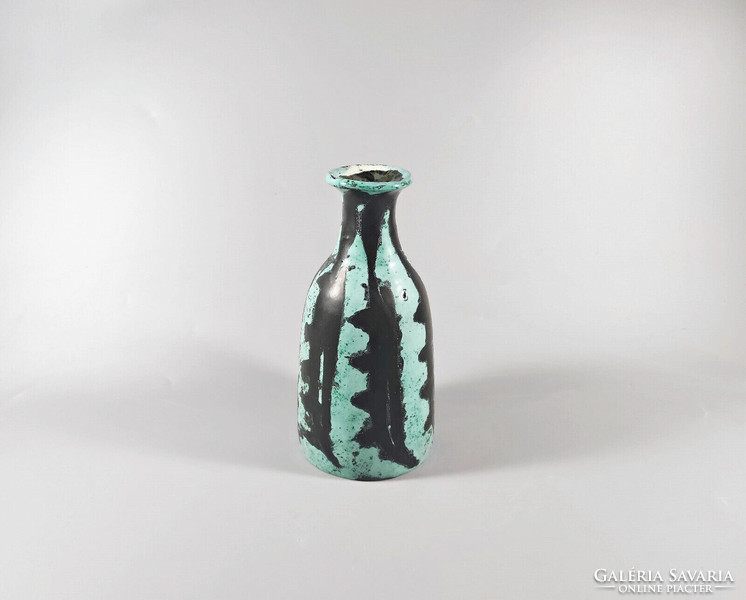 Gorka livia, retro 1950 turquoise retro vase with black motif 18.5cm artistic ceramics, flawless! (G053)