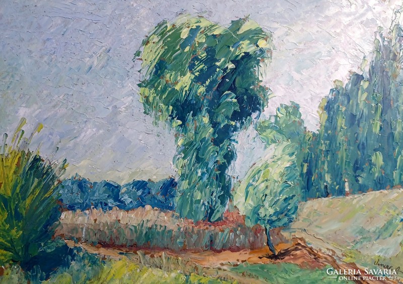 Vincze András: Szentjánosi út - olaj tájkép 1961-ből (35x49 cm) szegedi festőművész, Szeged