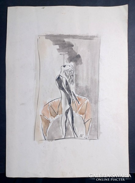 Cirkuszi mutatvány - 1965 - jelzett tusrajz, Kiss L. (42x30 cm) kardnyelő?