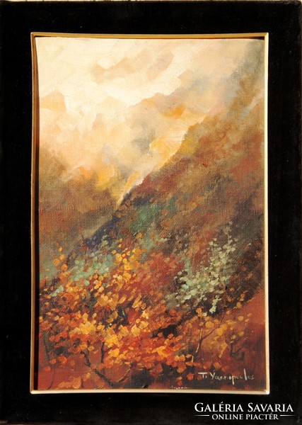 T. Yannopoulos: autumn in the mountains - oil painting in a frame covered with black velvet