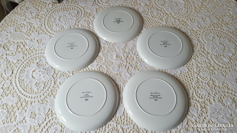 Spode English willow patterned porcelain plates with different patterns, 5 pcs.