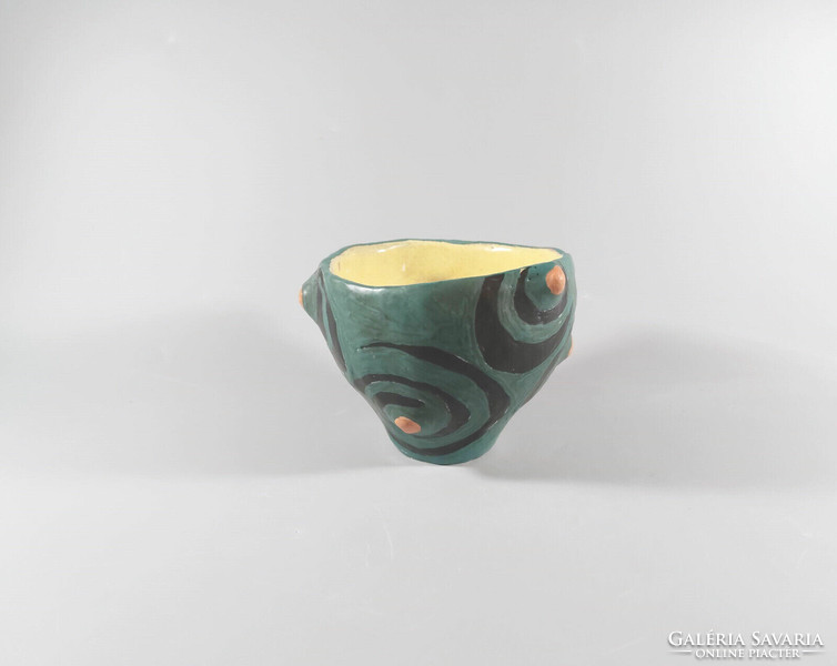 Gorka livia, retro 1950 green cactus holder with striped motif 12.0Cm artistic ceramics, flawless! (G052)