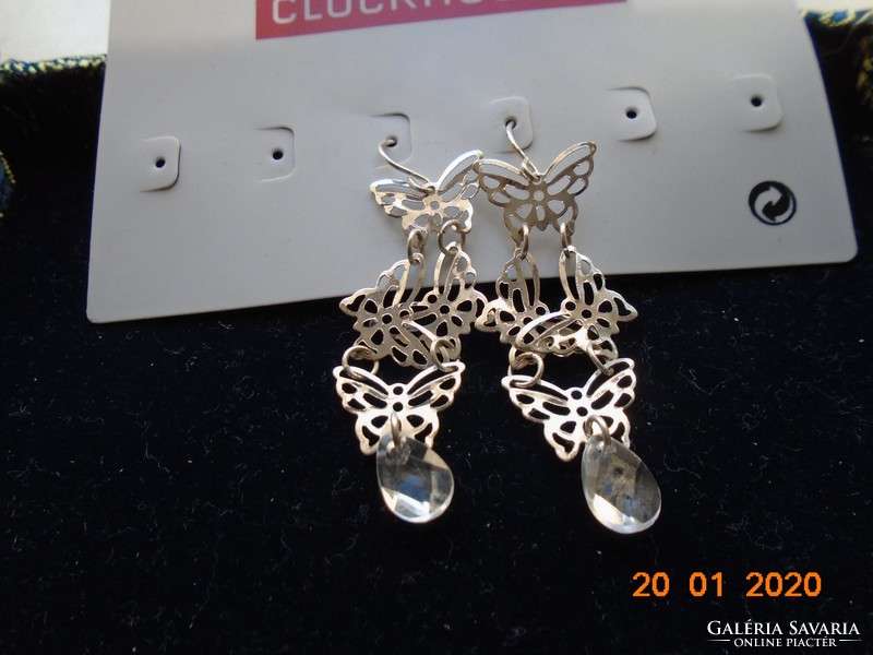 .Silver chandelier earrings with 4 filigree butterflies and faceted glass drop beads