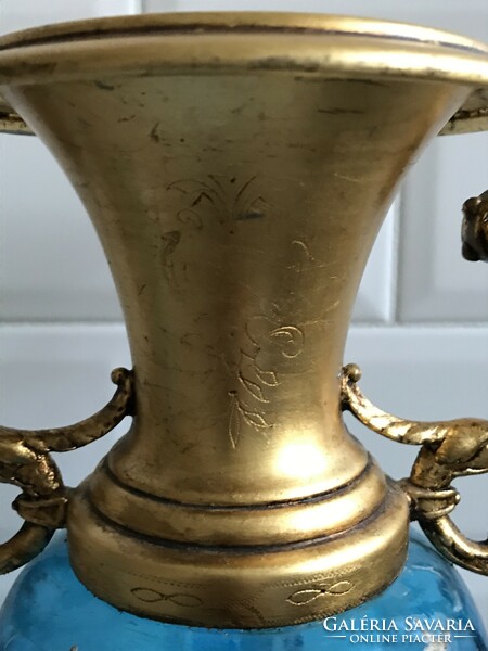 Antique moser vase with gilded metal base and handles, 42 cm high