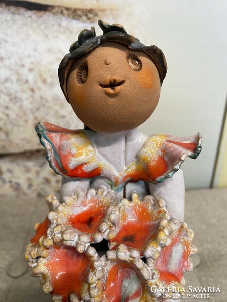 Éva Kocsis painted ceramic girl figure with a bouquet of flowers a39