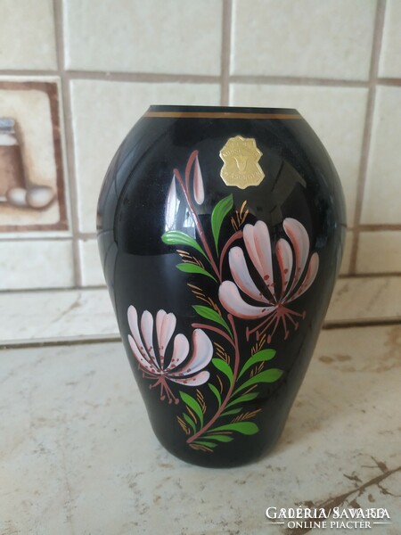 German, black glass vase, for sale with web sign! Beautiful hand painted black glass vase