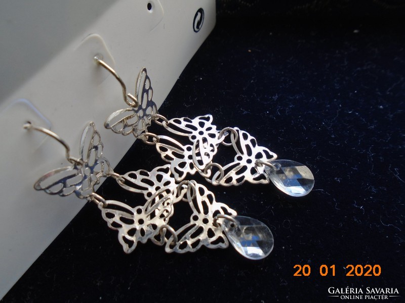 .Silver chandelier earrings with 4 filigree butterflies and faceted glass drop beads