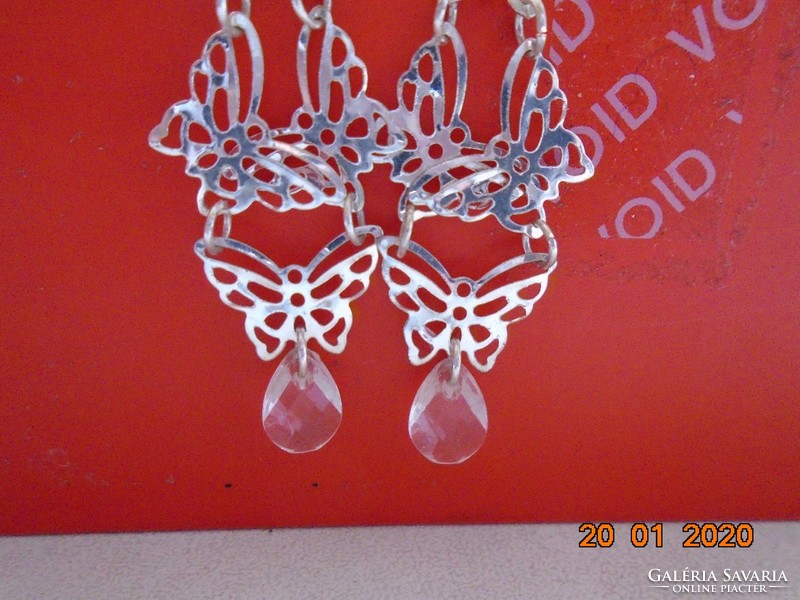 .Silver chandelier earrings with 4 filigree butterflies and faceted glass drop beads