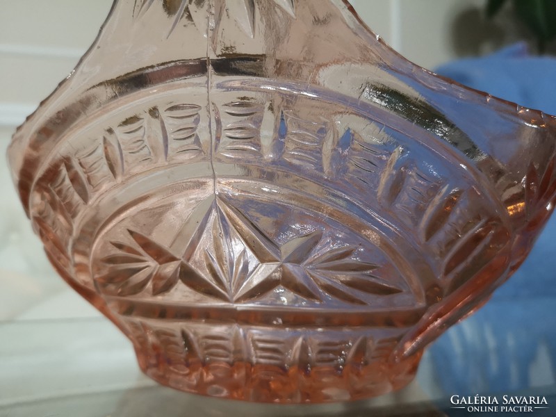 Antik, jegestea színű préselt üveg kosár, kinaló, asztalközép